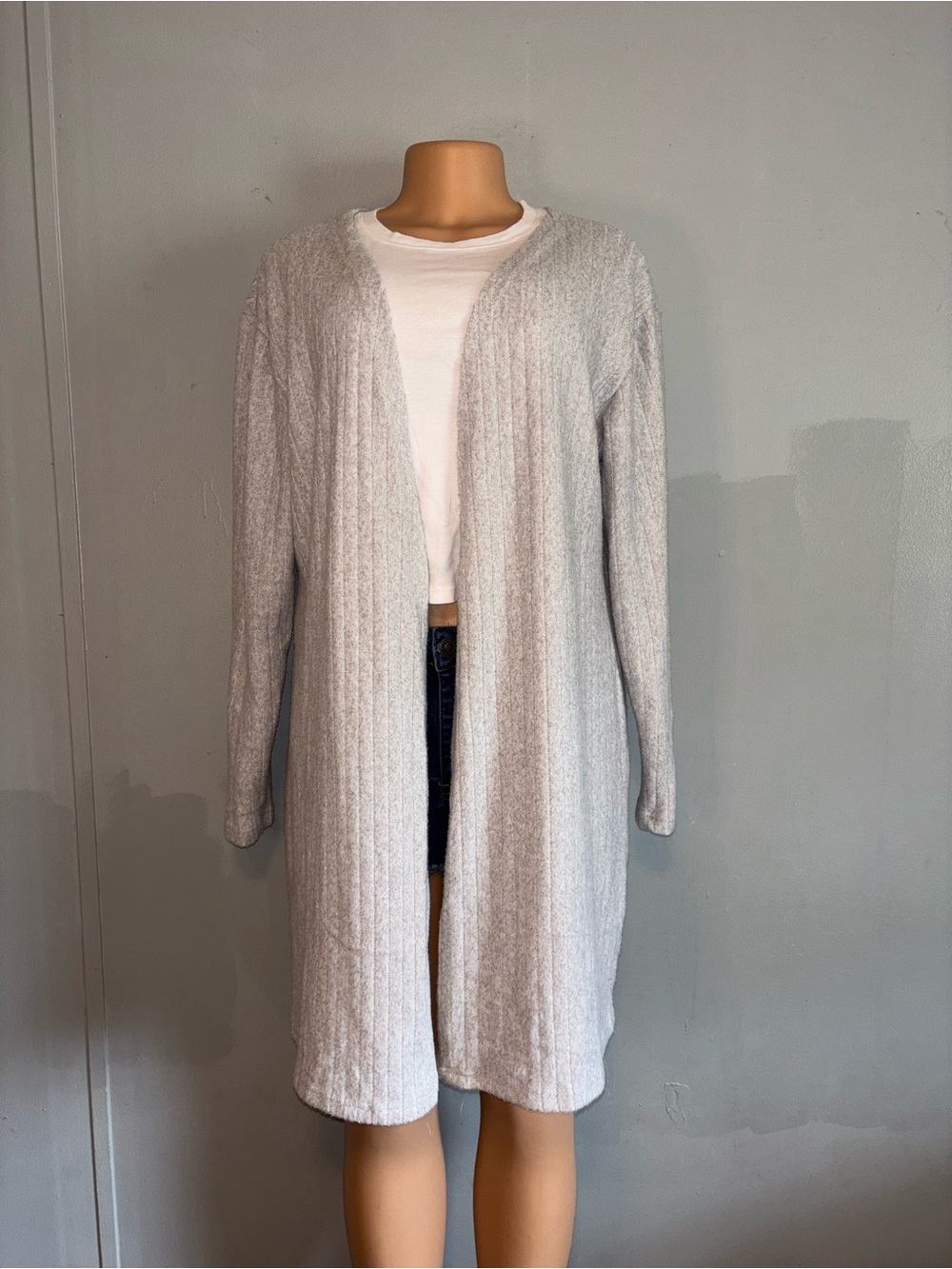 Light Gray Open-Front Long Knit Cardigan - Women's Sweater